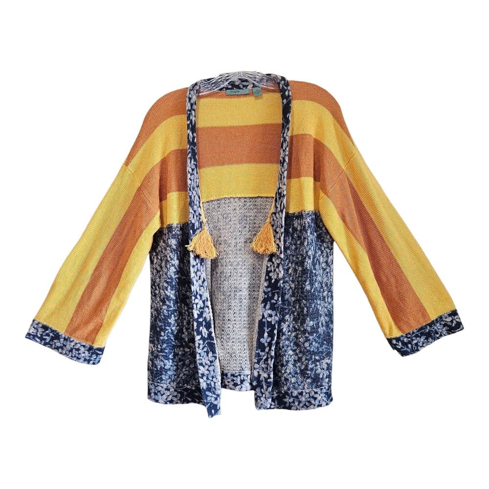 ANTHROPOLOGIE MAPLE S Cardigan Sweater Whimsical Stripes Floral Linen Cotton 40"
